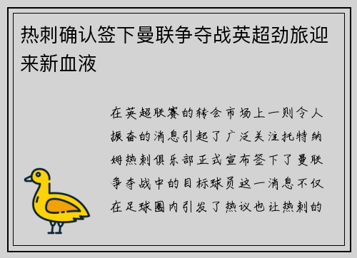 热刺确认签下曼联争夺战英超劲旅迎来新血液