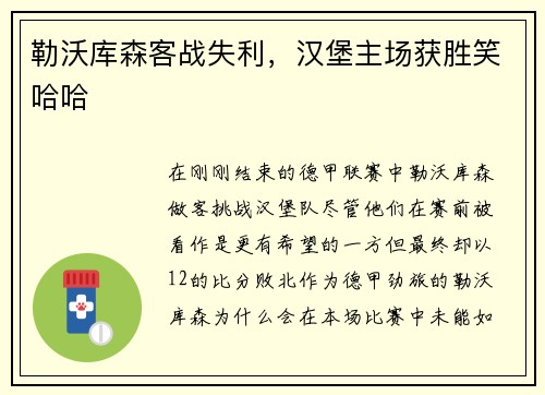 勒沃库森客战失利，汉堡主场获胜笑哈哈